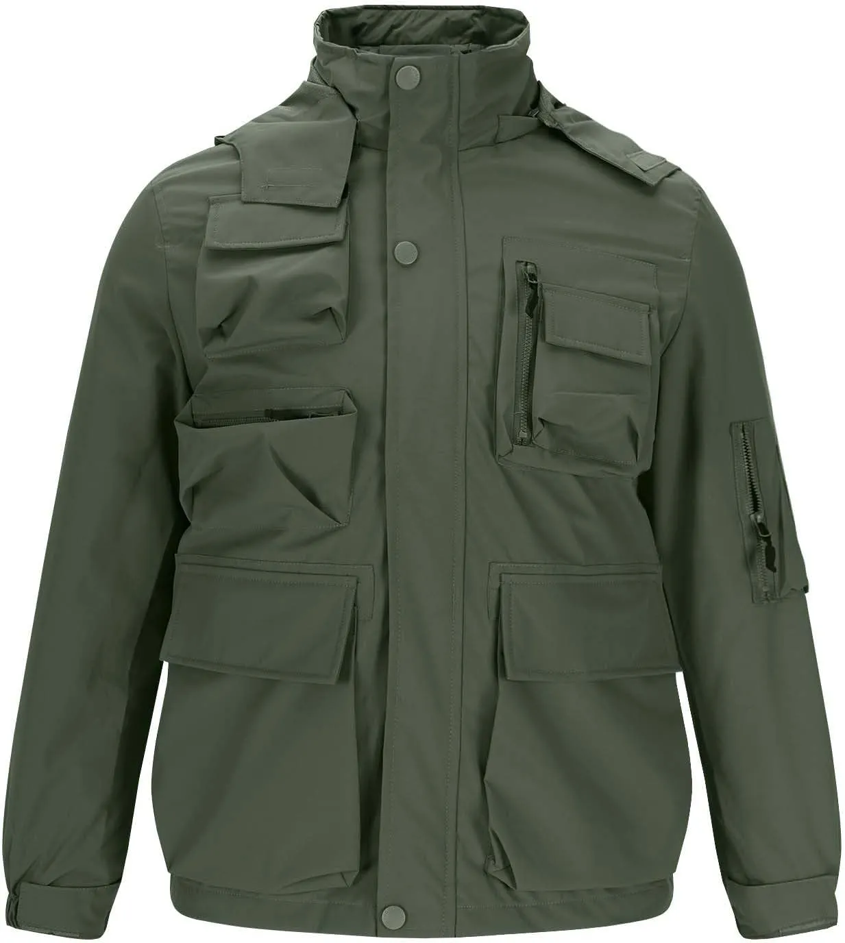 Men's Winter Jacket Lightweight Breathable Coats Warm Cargo Jackets Multi Pockets Stand Collar Jacket with Hooded