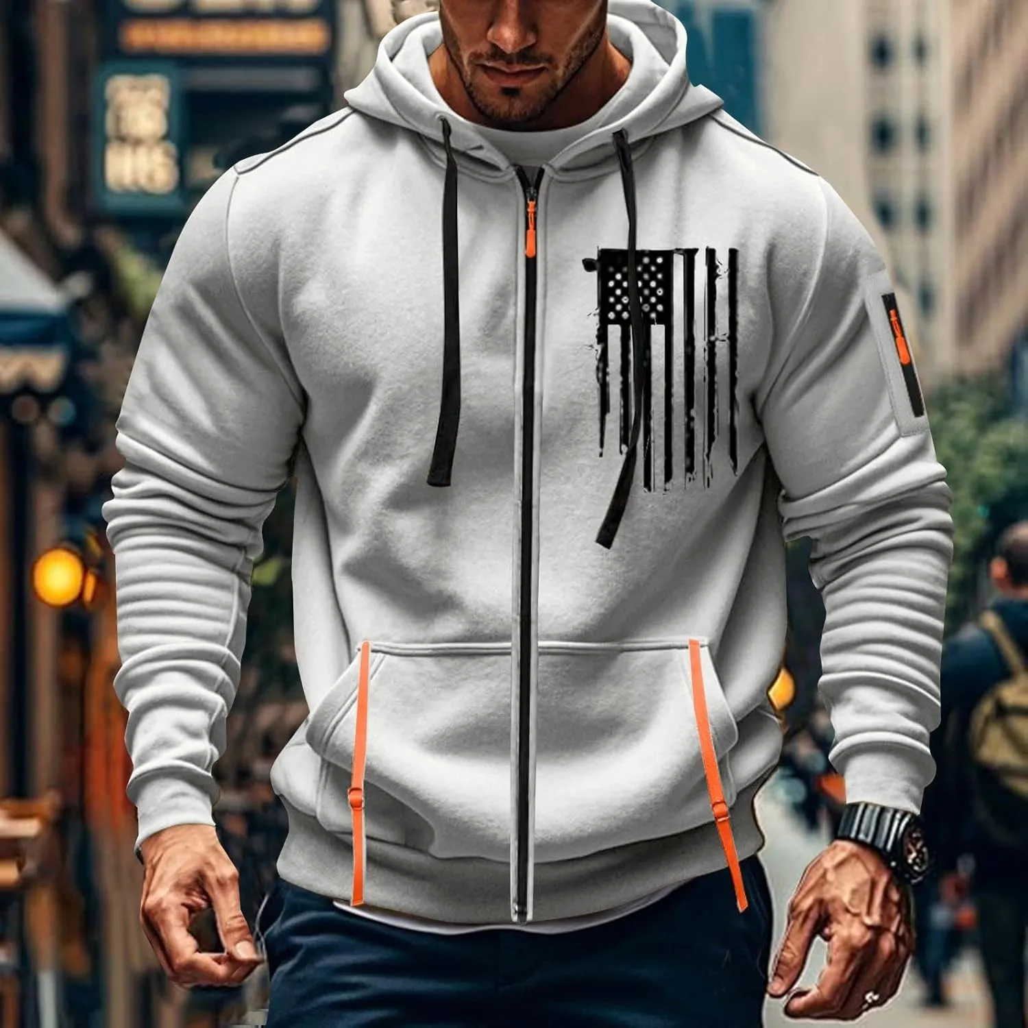 Men's Zipper USA Flag Print Hoodie Trendy Long Sleeve Drawstring Shirt Light Patriotic Sweatshirt with Pockets