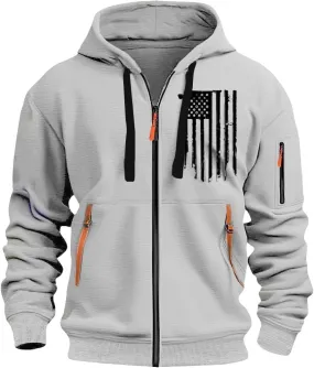 Men's Zipper USA Flag Print Hoodie Trendy Long Sleeve Drawstring Shirt Light Patriotic Sweatshirt with Pockets