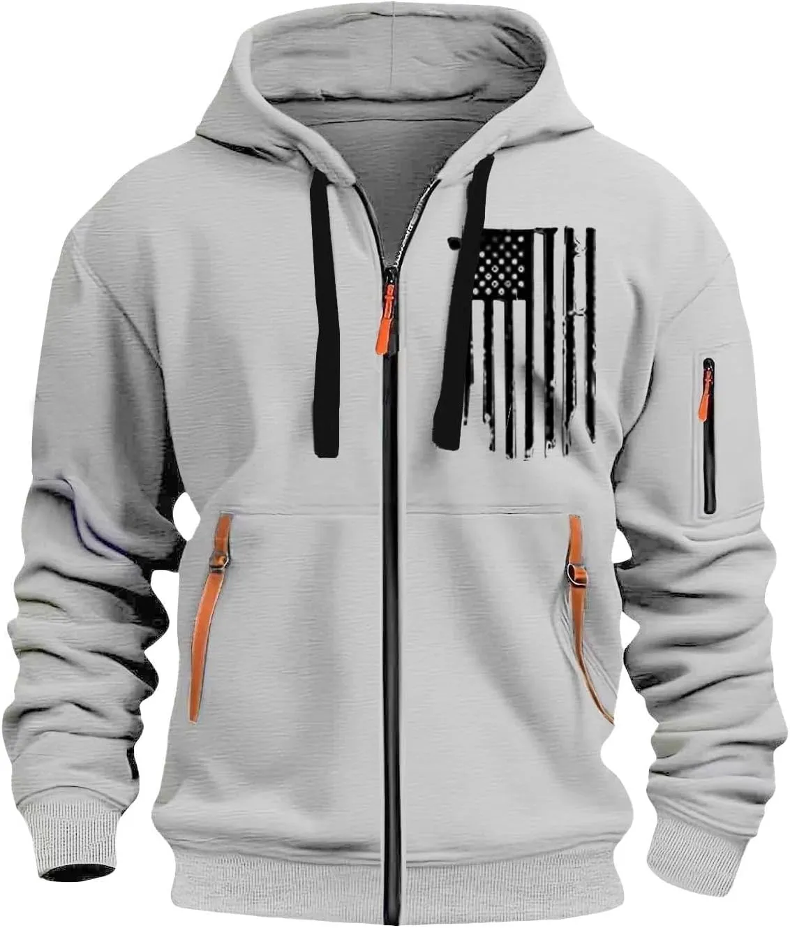 Men's Zipper USA Flag Print Hoodie Trendy Long Sleeve Drawstring Shirt Light Patriotic Sweatshirt with Pockets