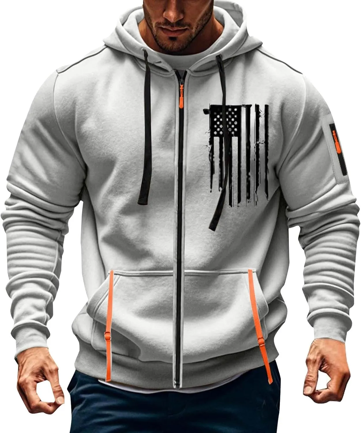 Men's Zipper USA Flag Print Hoodie Trendy Long Sleeve Drawstring Shirt Light Patriotic Sweatshirt with Pockets