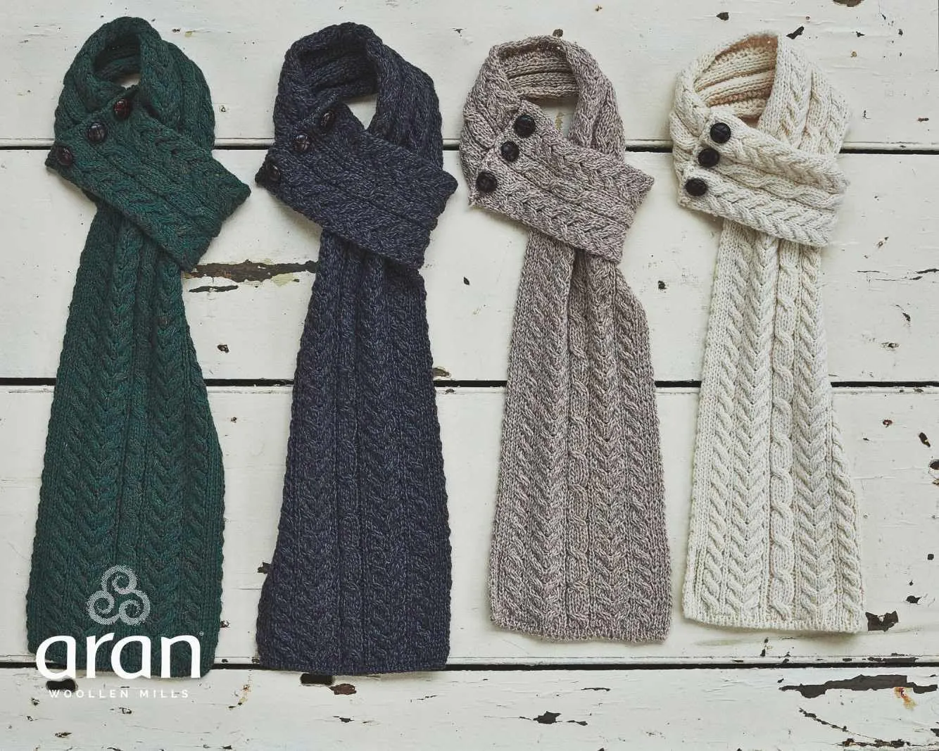 Merino Wool Three Button Irish Scarf for Women, 31 x 8 inches, Aran Stitching, Made in Ireland