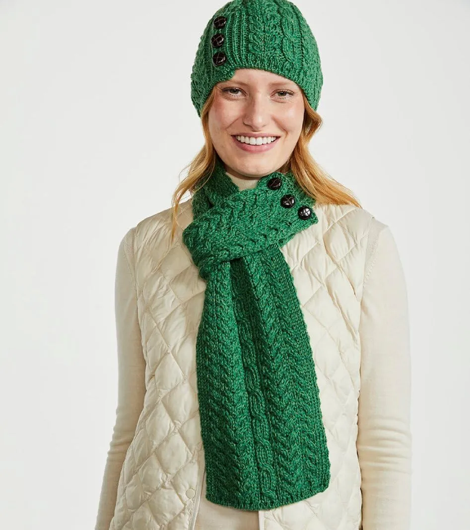 Merino Wool Three Button Irish Scarf for Women, 31 x 8 inches, Aran Stitching, Made in Ireland