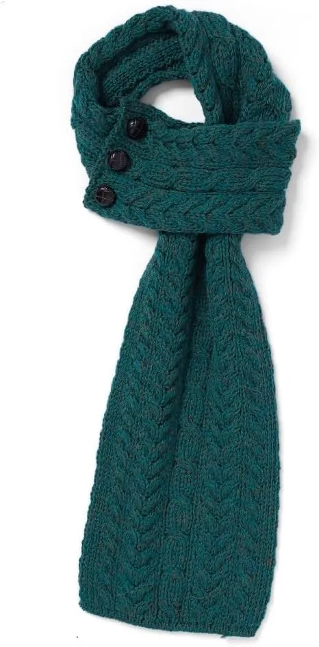 Merino Wool Three Button Irish Scarf for Women, 31 x 8 inches, Aran Stitching, Made in Ireland