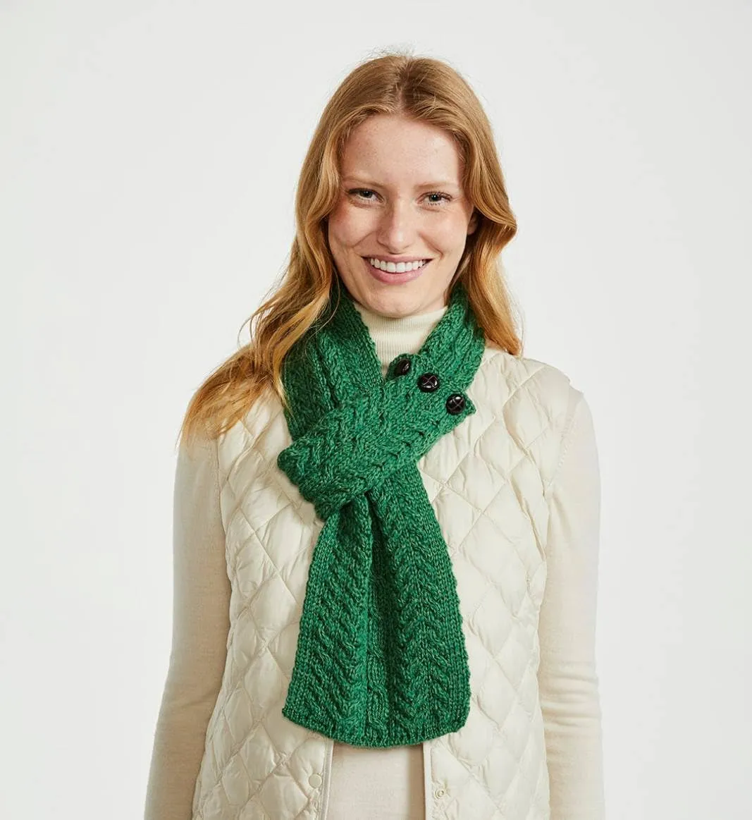 Merino Wool Three Button Irish Scarf for Women, 31 x 8 inches, Aran Stitching, Made in Ireland