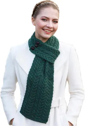 Merino Wool Three Button Irish Scarf for Women, 31 x 8 inches, Aran Stitching, Made in Ireland