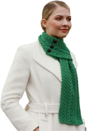 Merino Wool Three Button Irish Scarf for Women, 31 x 8 inches, Aran Stitching, Made in Ireland