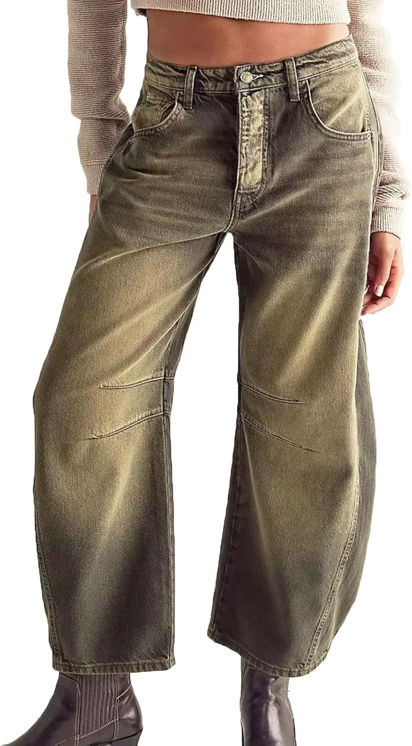 Mid Rise Barrel Jeans for Women Wide Leg Mid Waist Denim Pants Y2k Baggy Boyfriend Relax Fit Trouser Ankle Pants