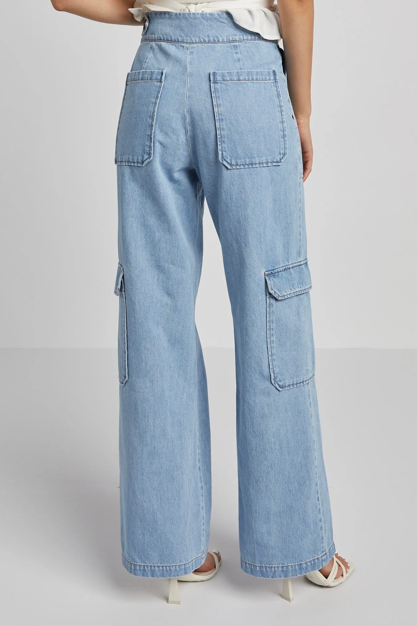 Nolan High Waisted Slightly Wide Leg Denim Cargo Pants