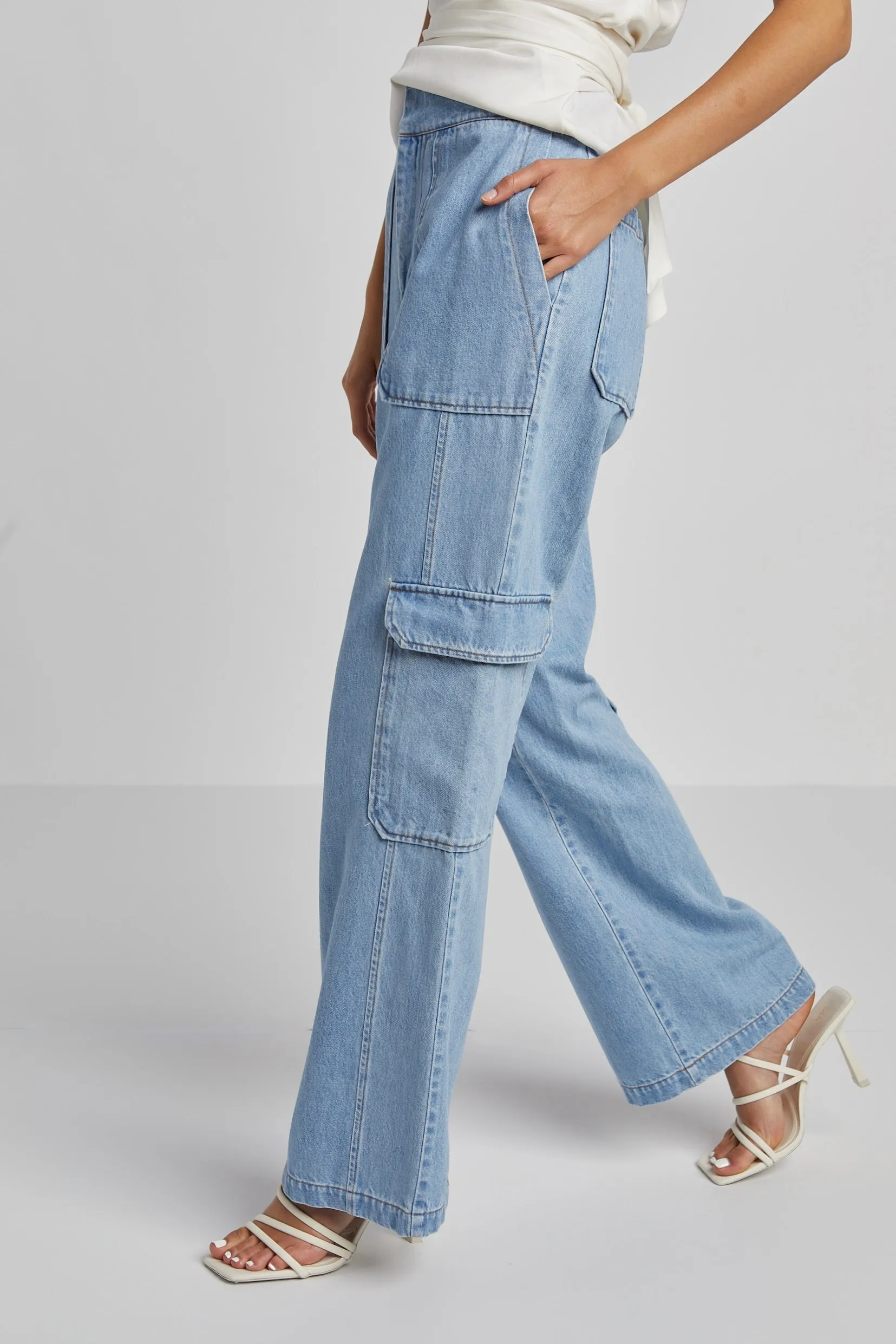 Nolan High Waisted Slightly Wide Leg Denim Cargo Pants