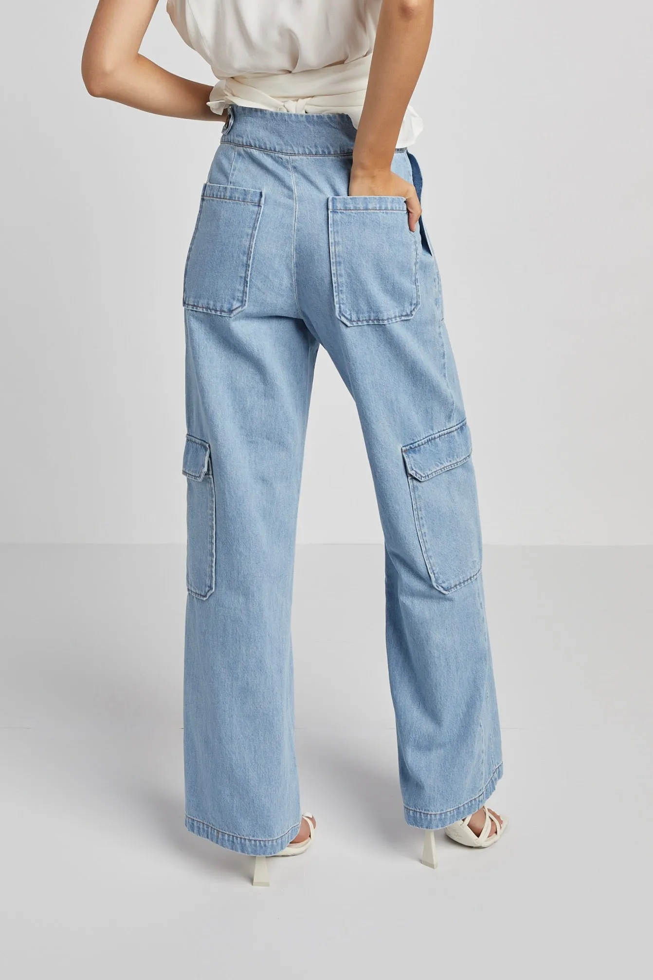 Nolan High Waisted Slightly Wide Leg Denim Cargo Pants