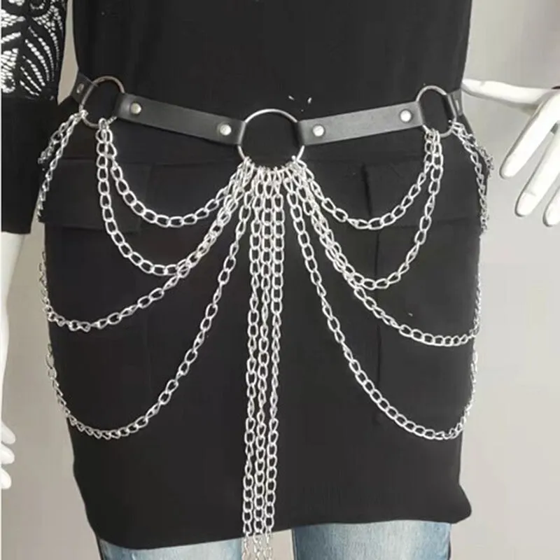 Punk Multi-layer Metal Chain Leather Waist Belt