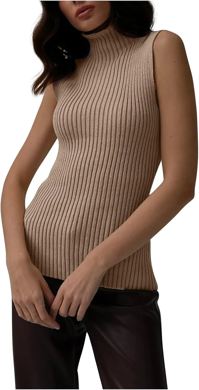 Ribbed Knit Tank Top for Women Turtleneck Sleeveless Sweater Blouse Solid Color Tunic Summer Trendy Shirt