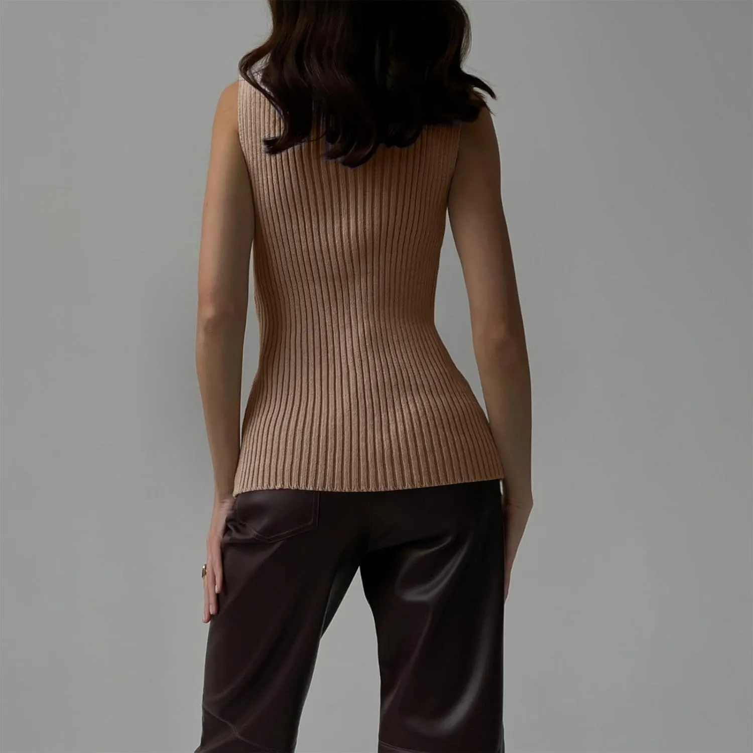 Ribbed Knit Tank Top for Women Turtleneck Sleeveless Sweater Blouse Solid Color Tunic Summer Trendy Shirt