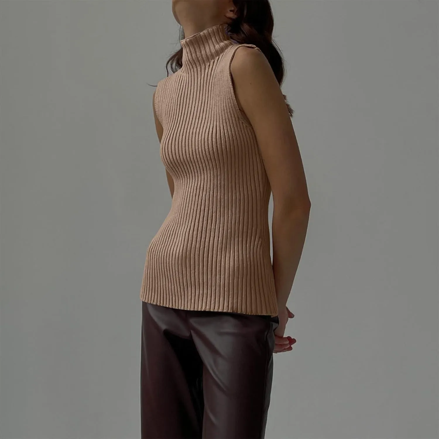 Ribbed Knit Tank Top for Women Turtleneck Sleeveless Sweater Blouse Solid Color Tunic Summer Trendy Shirt