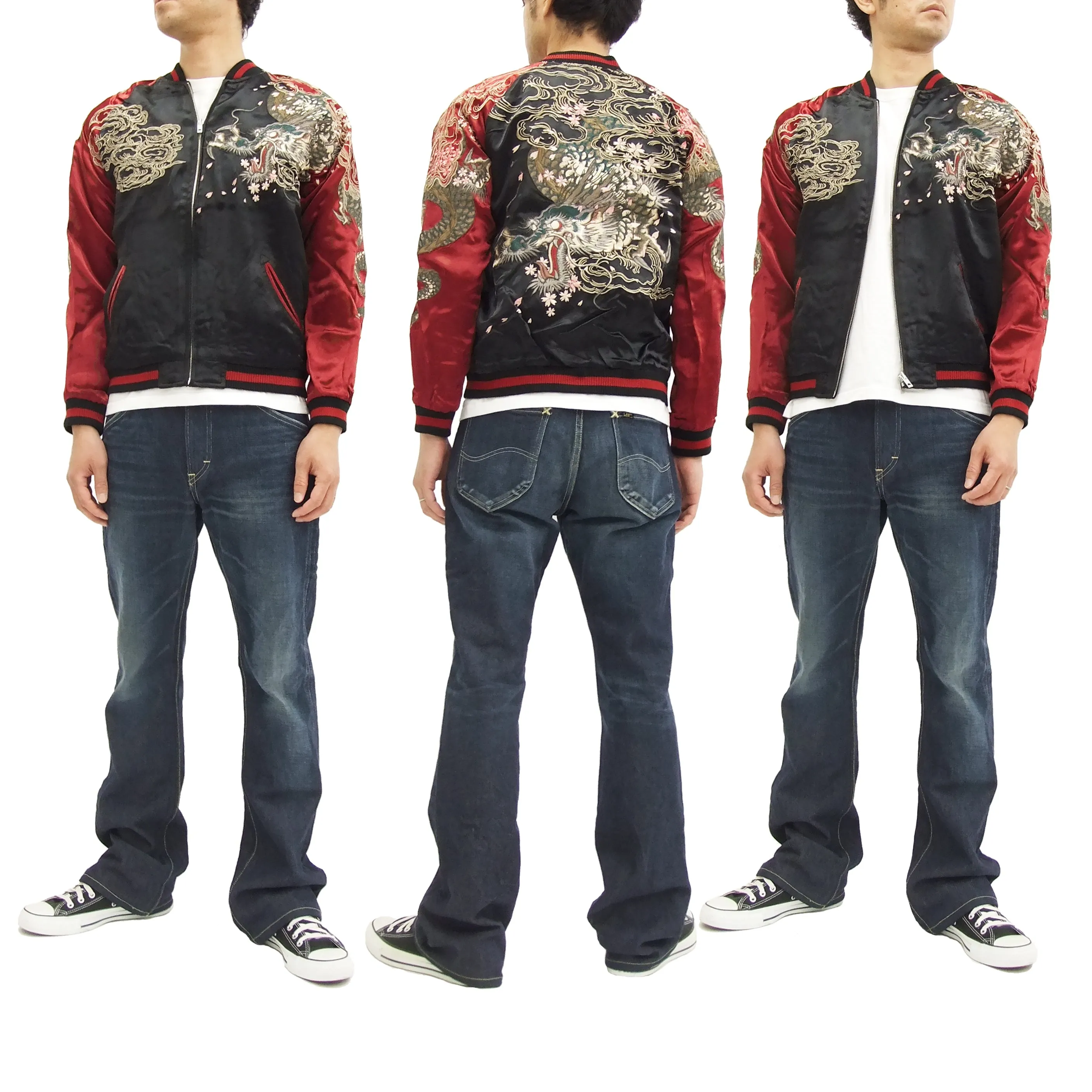 SATORI Japanese Souvenir Jacket Dragon Men's Sukajan GSJR-001 Black/Wine