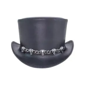 Skull Adorned Black Leather Top Hat