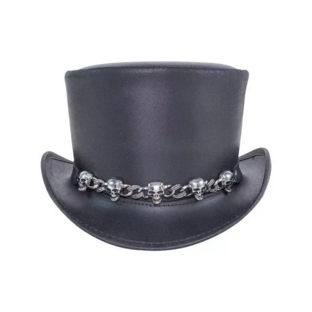 Skull Adorned Black Leather Top Hat
