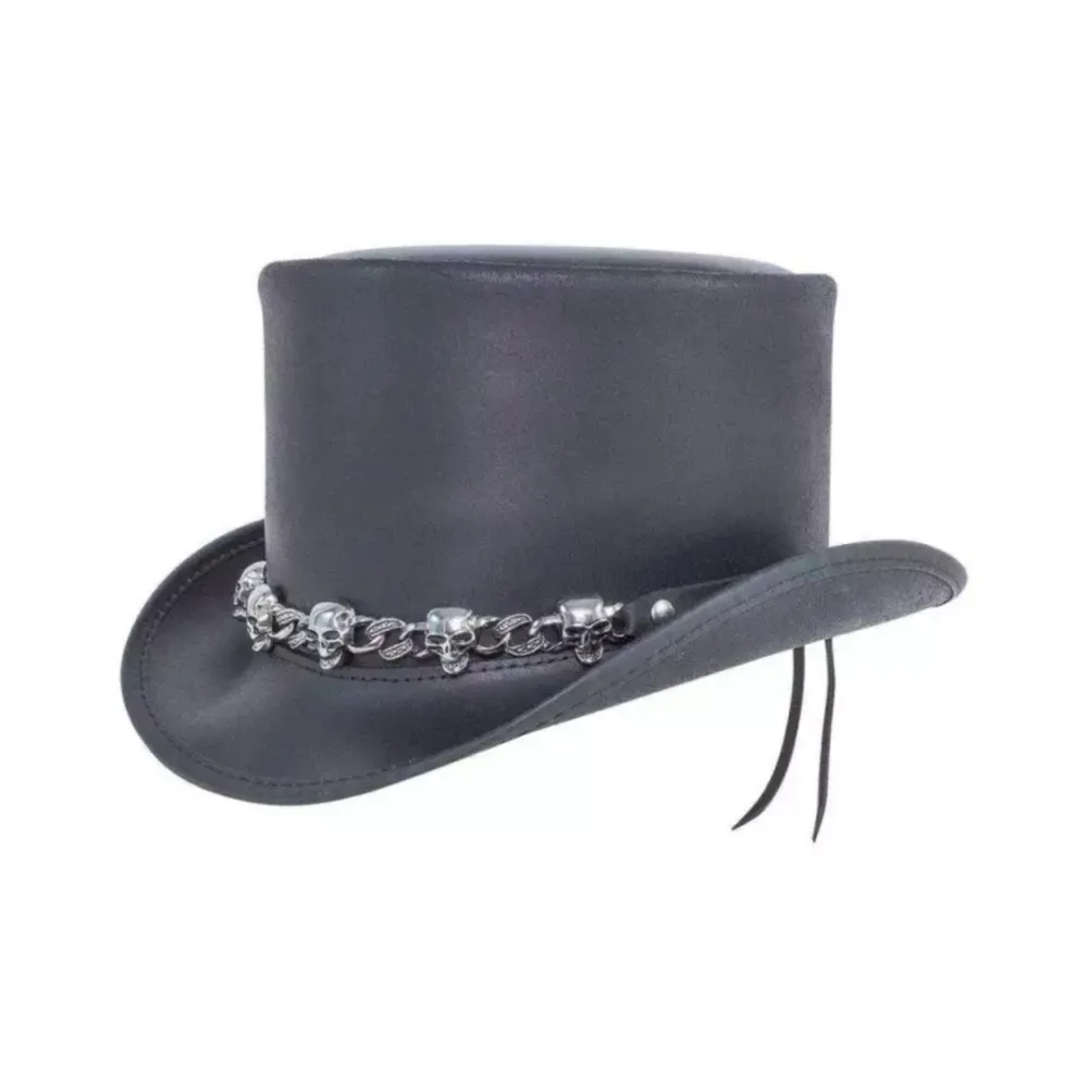 Skull Adorned Black Leather Top Hat