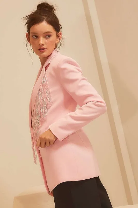 Sugar Pink Sequin Fringe Trim Solid Blazer Jacket