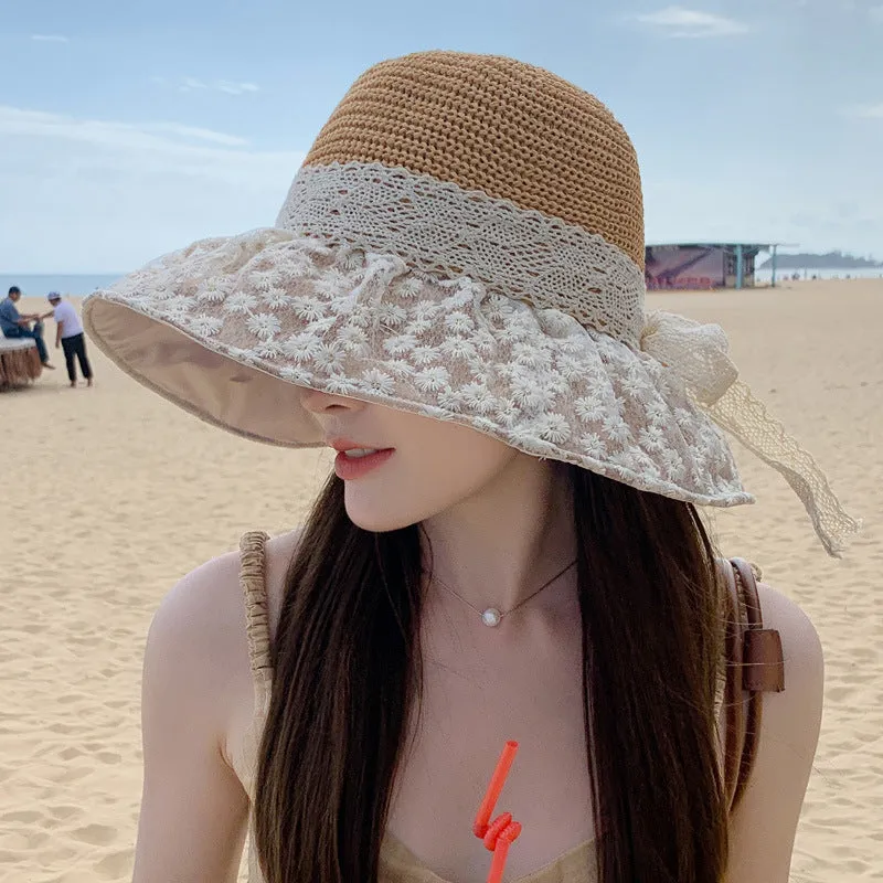 Sun Block Lace Bow Straw Hat with Large Brim