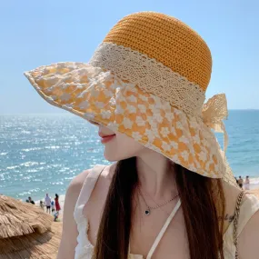 Sun Block Lace Bow Straw Hat with Large Brim