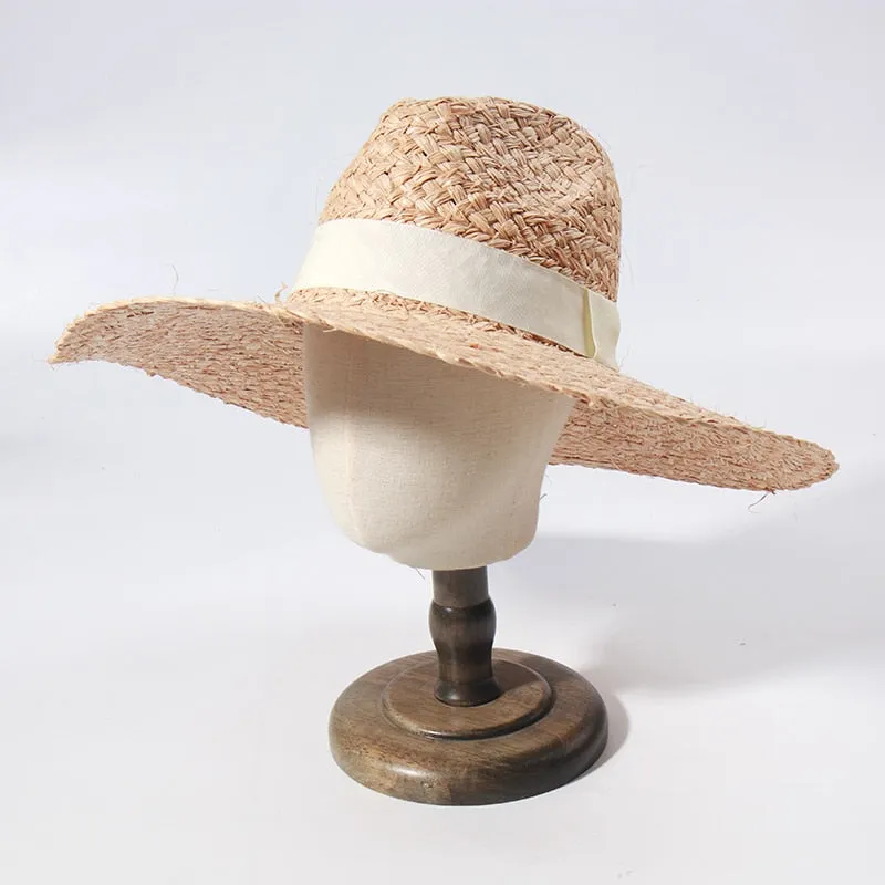 Sun Hats for Women - Wide Brim Fedora Raffia Straw Hat - British Top Beach Hats for Summer Vacation