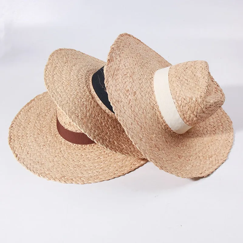 Sun Hats for Women - Wide Brim Fedora Raffia Straw Hat - British Top Beach Hats for Summer Vacation