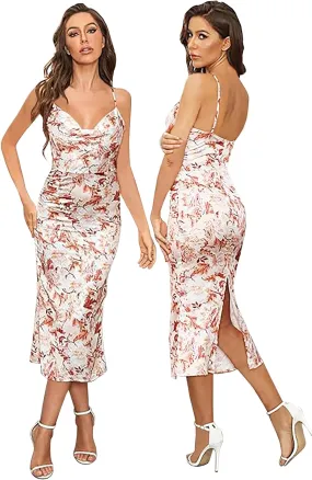 Tsher Women's Sleeveless Spaghetti Strap Satin Wedding Guest Party Dress Cowl Neck Backless Midi Formal Dresses