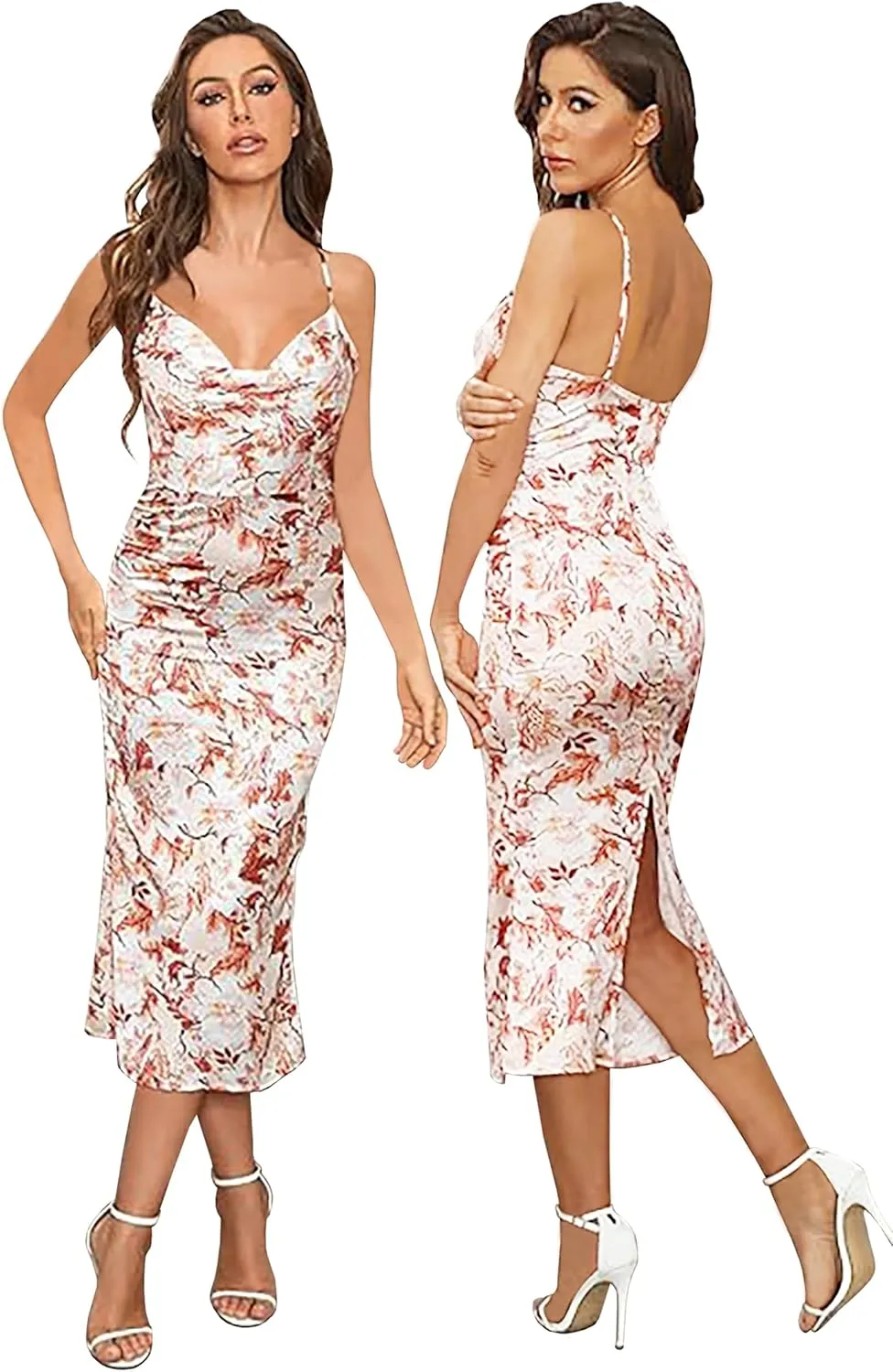 Tsher Women's Sleeveless Spaghetti Strap Satin Wedding Guest Party Dress Cowl Neck Backless Midi Formal Dresses