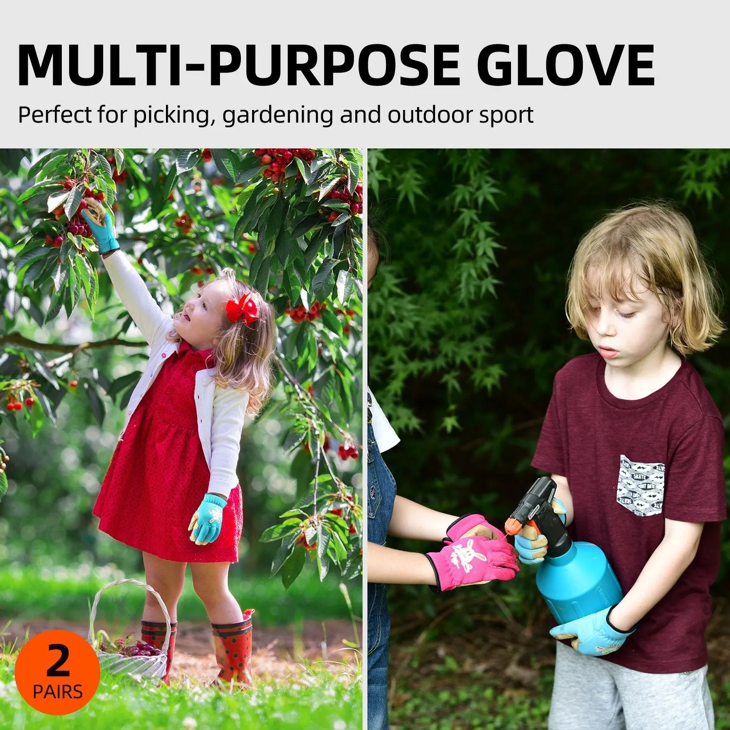 VGO 2 Pairs Age 3-8 Kids Gardening, Lawning, Working Gloves (2 Colors, KID-SL7362)