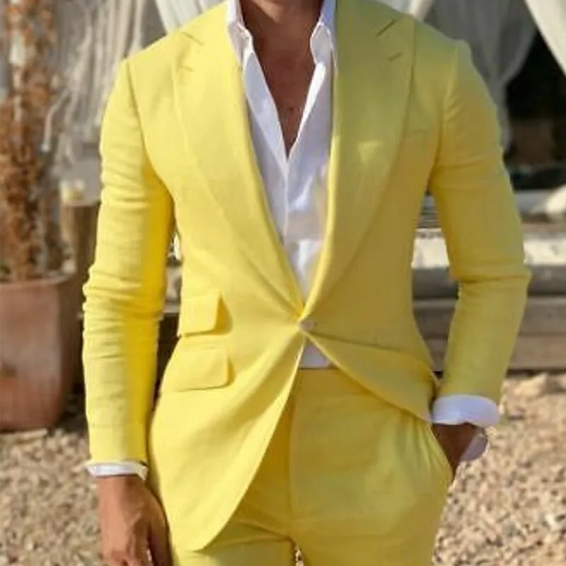 Voguable Yellow Linen Beach Men Suits Slim Fit 2 Piece Wedding Groom Tuxedo with Peaked Lapel Male Fashion Costume Blazer with Pants