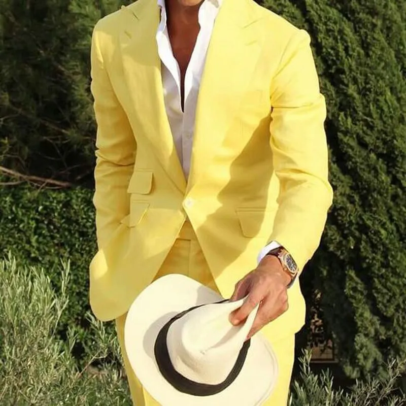 Voguable Yellow Linen Beach Men Suits Slim Fit 2 Piece Wedding Groom Tuxedo with Peaked Lapel Male Fashion Costume Blazer with Pants