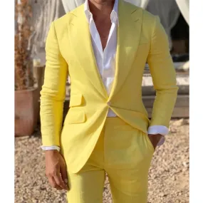 Voguable Yellow Linen Beach Men Suits Slim Fit 2 Piece Wedding Groom Tuxedo with Peaked Lapel Male Fashion Costume Blazer with Pants