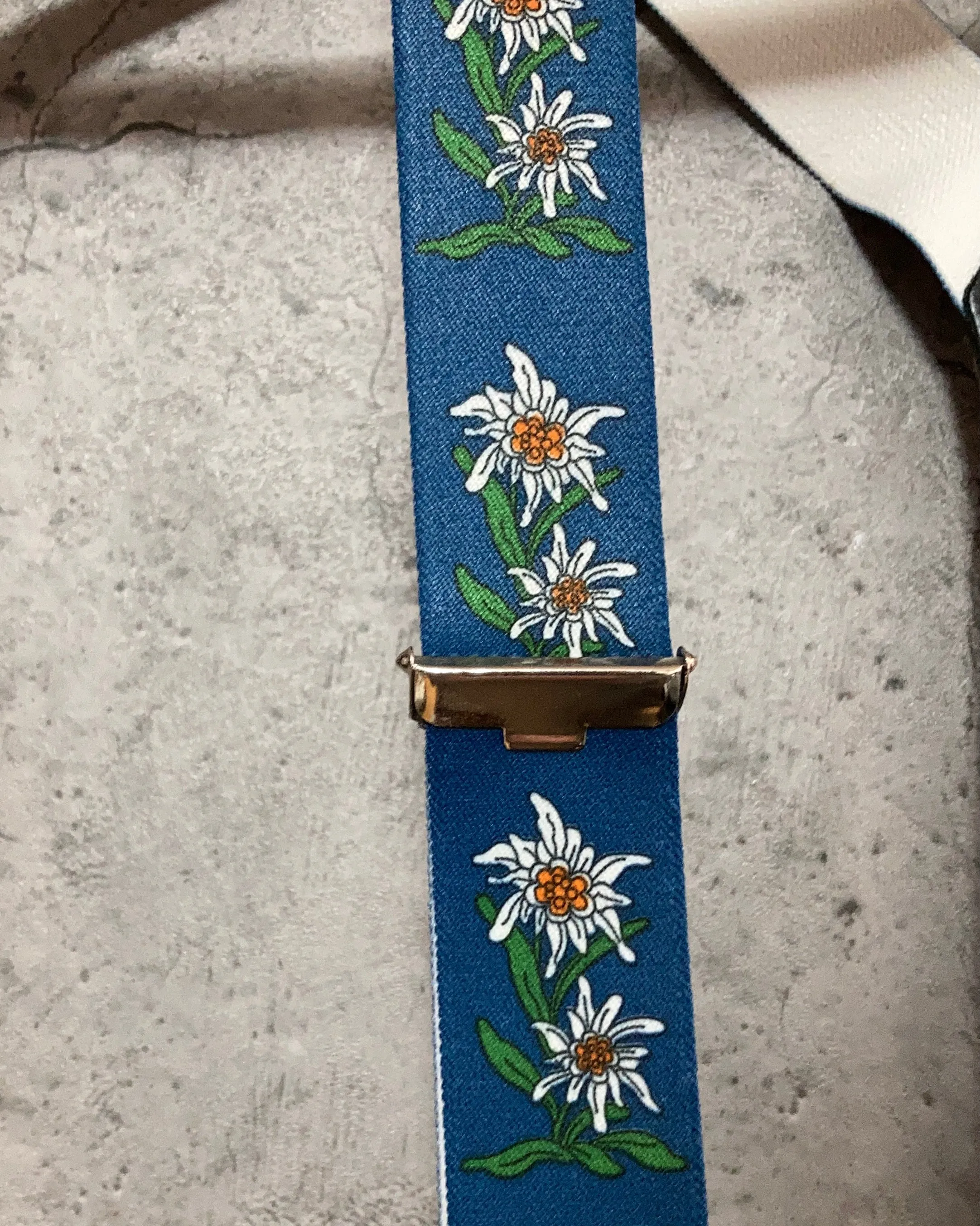 white flower patterned suspender blue