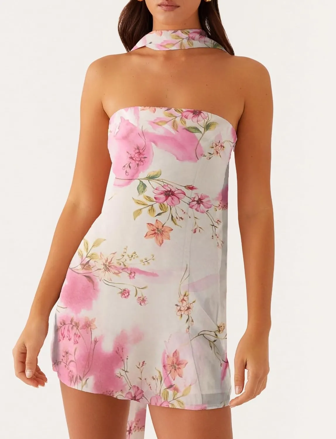 Women Floral Tube Mini Dress with Scarf Y2k Strapless Backless Mesh Short Bodycon Dresses Summer Tube Top Dress