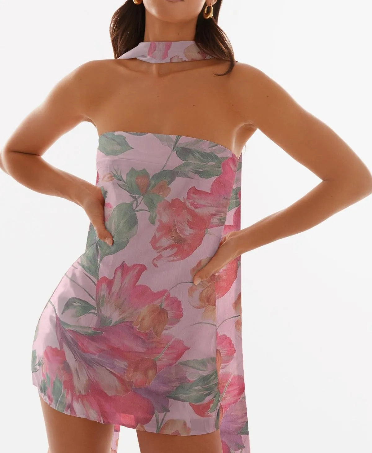 Women Floral Tube Mini Dress with Scarf Y2k Strapless Backless Mesh Short Bodycon Dresses Summer Tube Top Dress