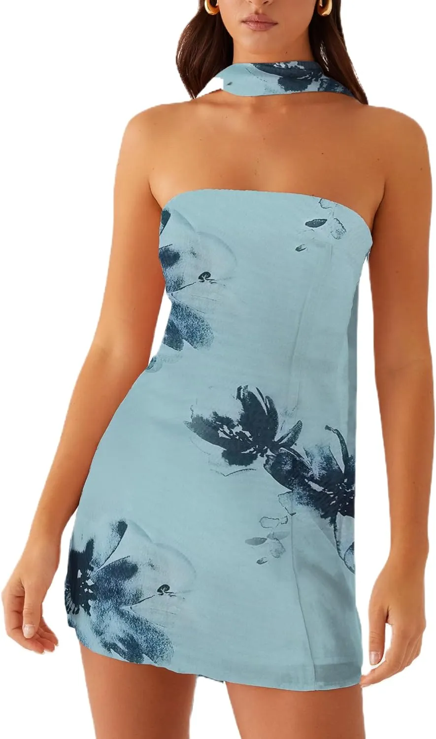 Women Floral Tube Mini Dress with Scarf Y2k Strapless Backless Mesh Short Bodycon Dresses Summer Tube Top Dress