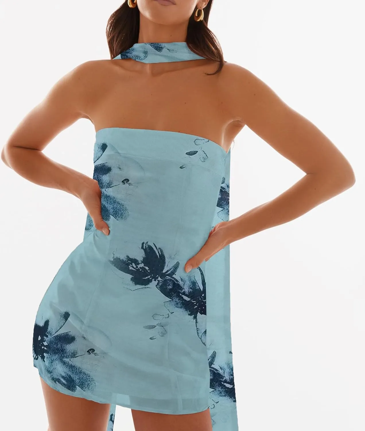 Women Floral Tube Mini Dress with Scarf Y2k Strapless Backless Mesh Short Bodycon Dresses Summer Tube Top Dress