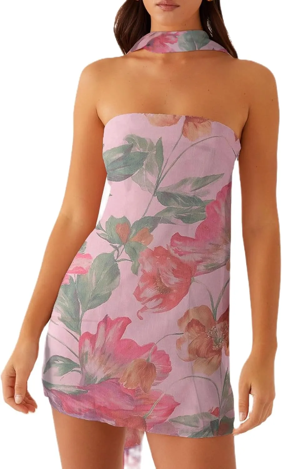 Women Floral Tube Mini Dress with Scarf Y2k Strapless Backless Mesh Short Bodycon Dresses Summer Tube Top Dress