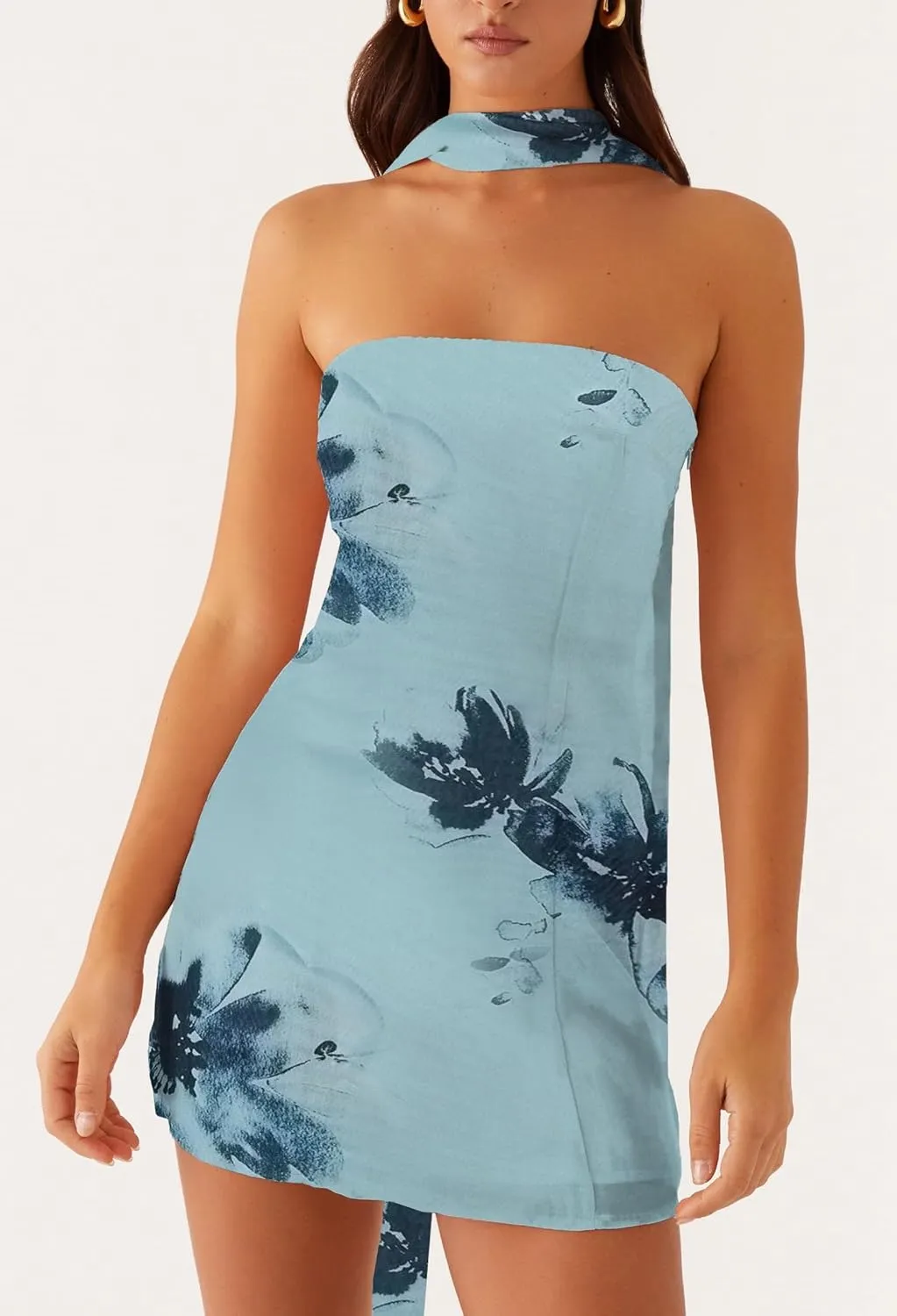 Women Floral Tube Mini Dress with Scarf Y2k Strapless Backless Mesh Short Bodycon Dresses Summer Tube Top Dress