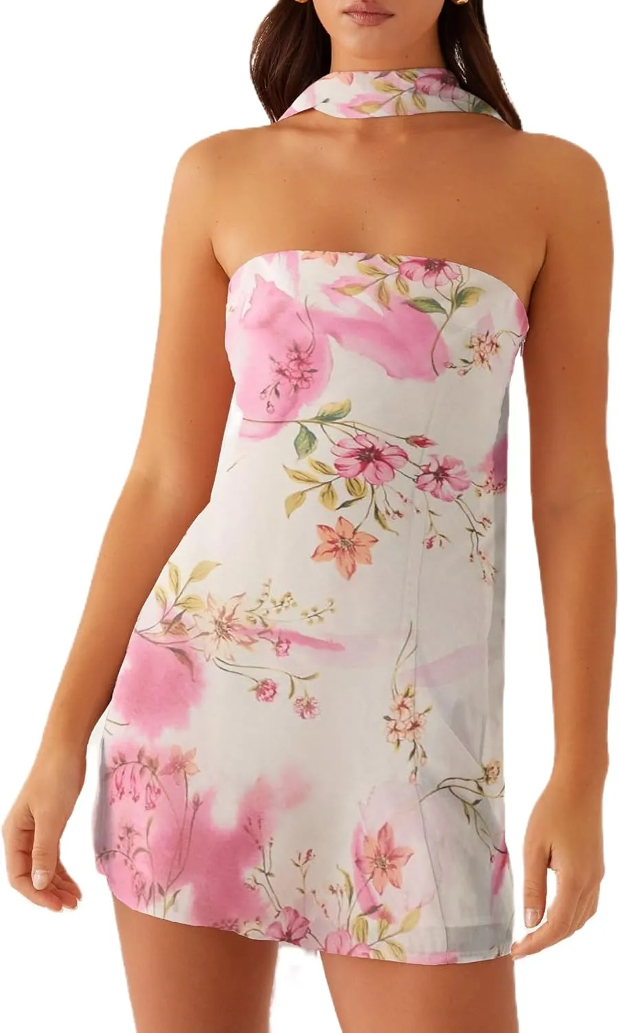 Women Floral Tube Mini Dress with Scarf Y2k Strapless Backless Mesh Short Bodycon Dresses Summer Tube Top Dress