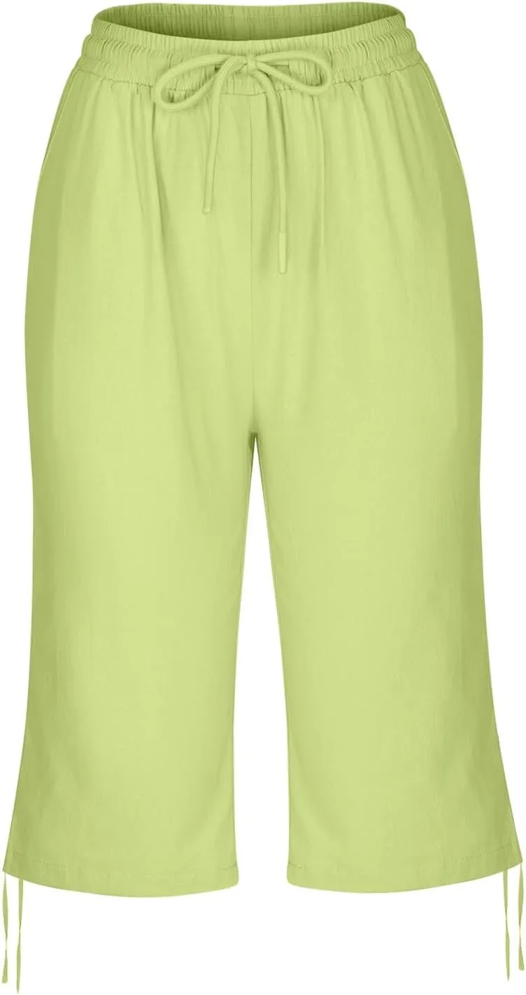 Women Linen Pants 2025 Summer Casual Capri Pants Cropped Tapered Lightweight Pants Travel Beach Outfits with Pocket