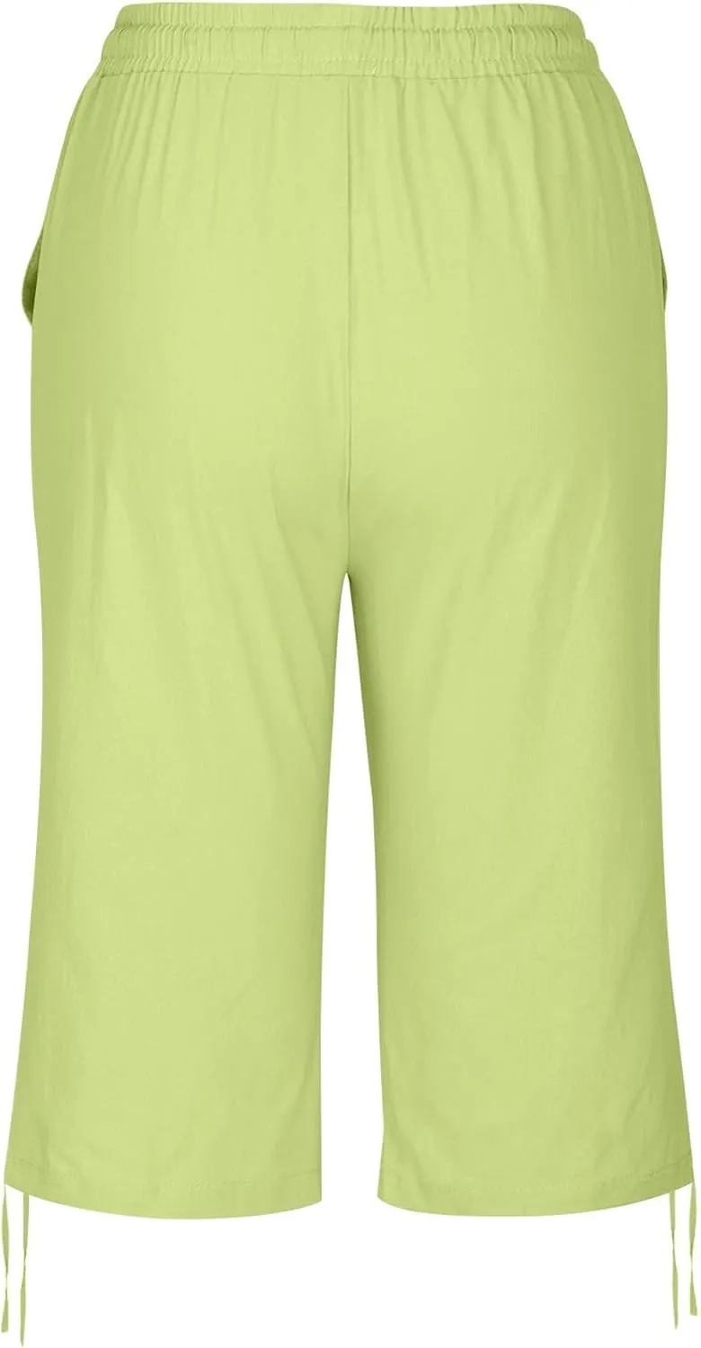 Women Linen Pants 2025 Summer Casual Capri Pants Cropped Tapered Lightweight Pants Travel Beach Outfits with Pocket