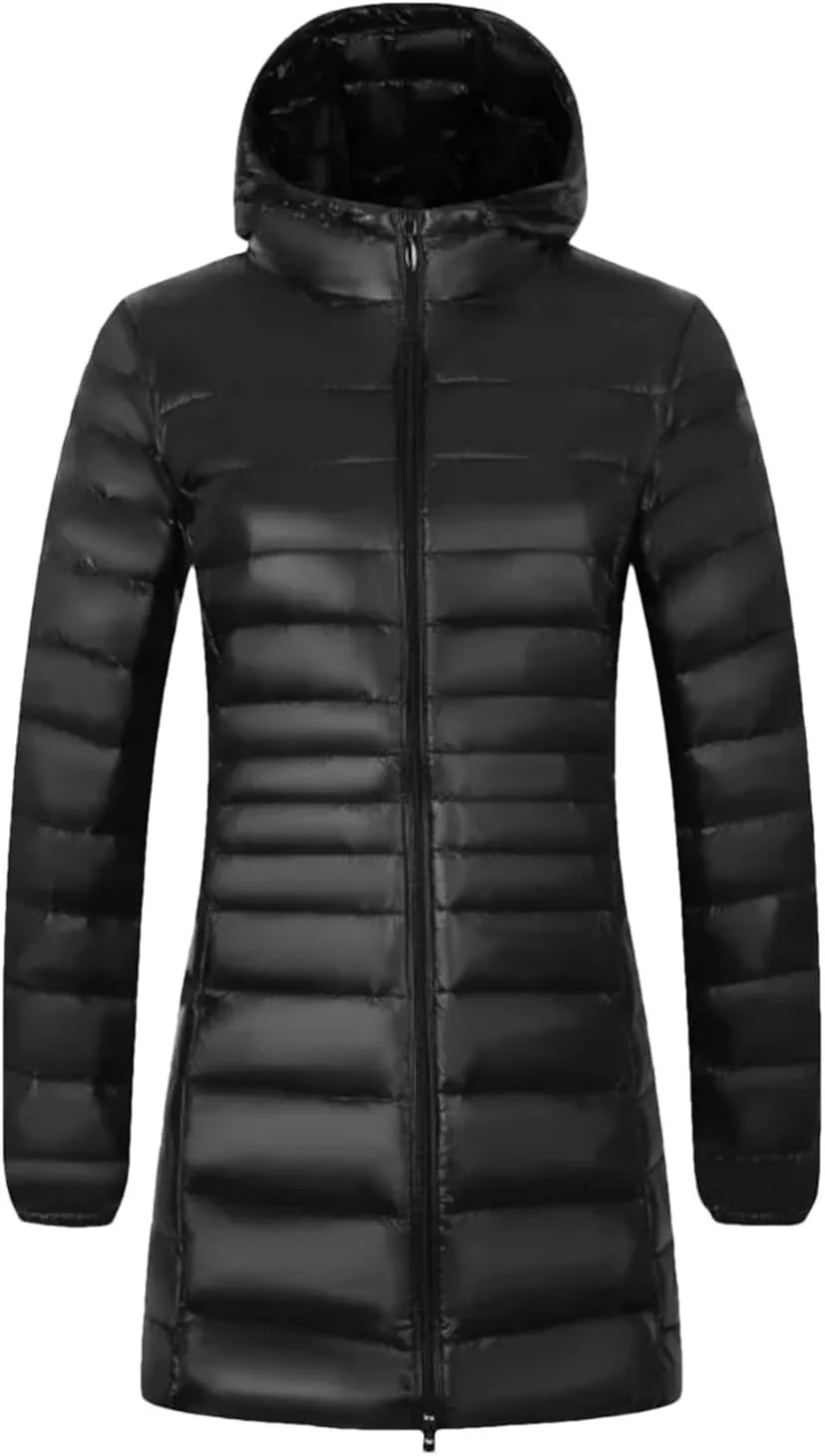 Women Long Warm Light Down Jacket Ladies Fashion Hooded With Portable Puffer Coats