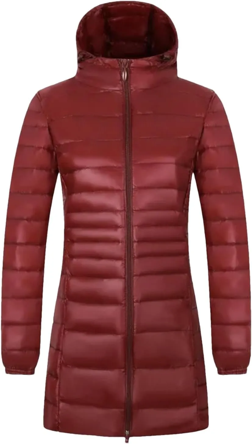 Women Long Warm Light Down Jacket Ladies Fashion Hooded With Portable Puffer Coats