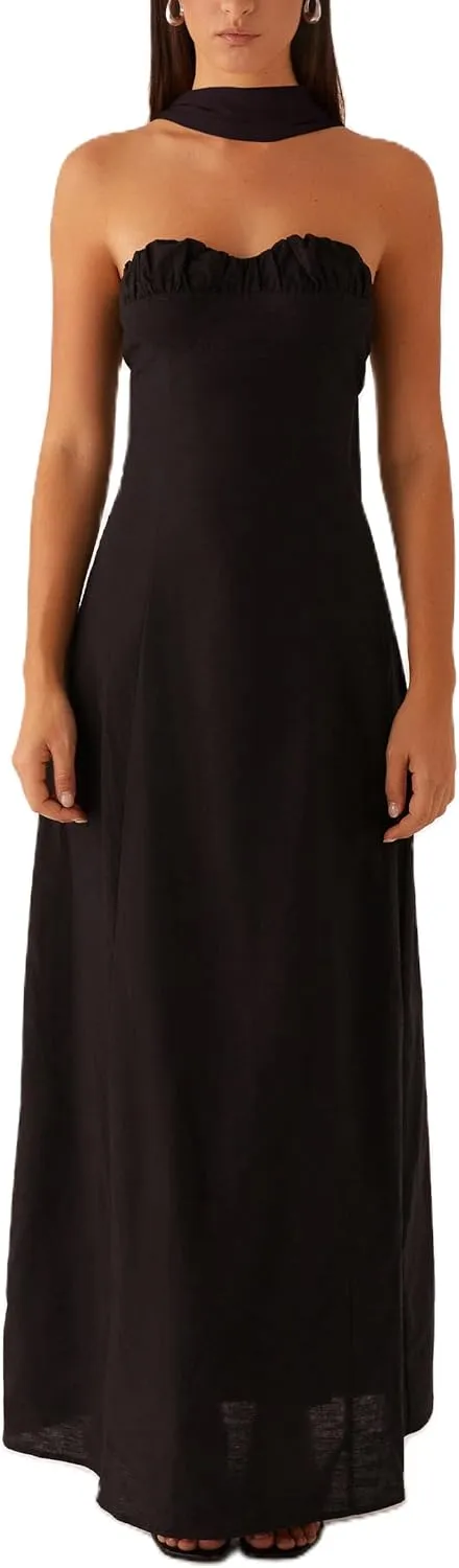 Women Y2k Strapless Floral Tube Maxi Dress with Neck Scarf Backless Mesh Bodycon Long Beach Cocktail Party Sundress