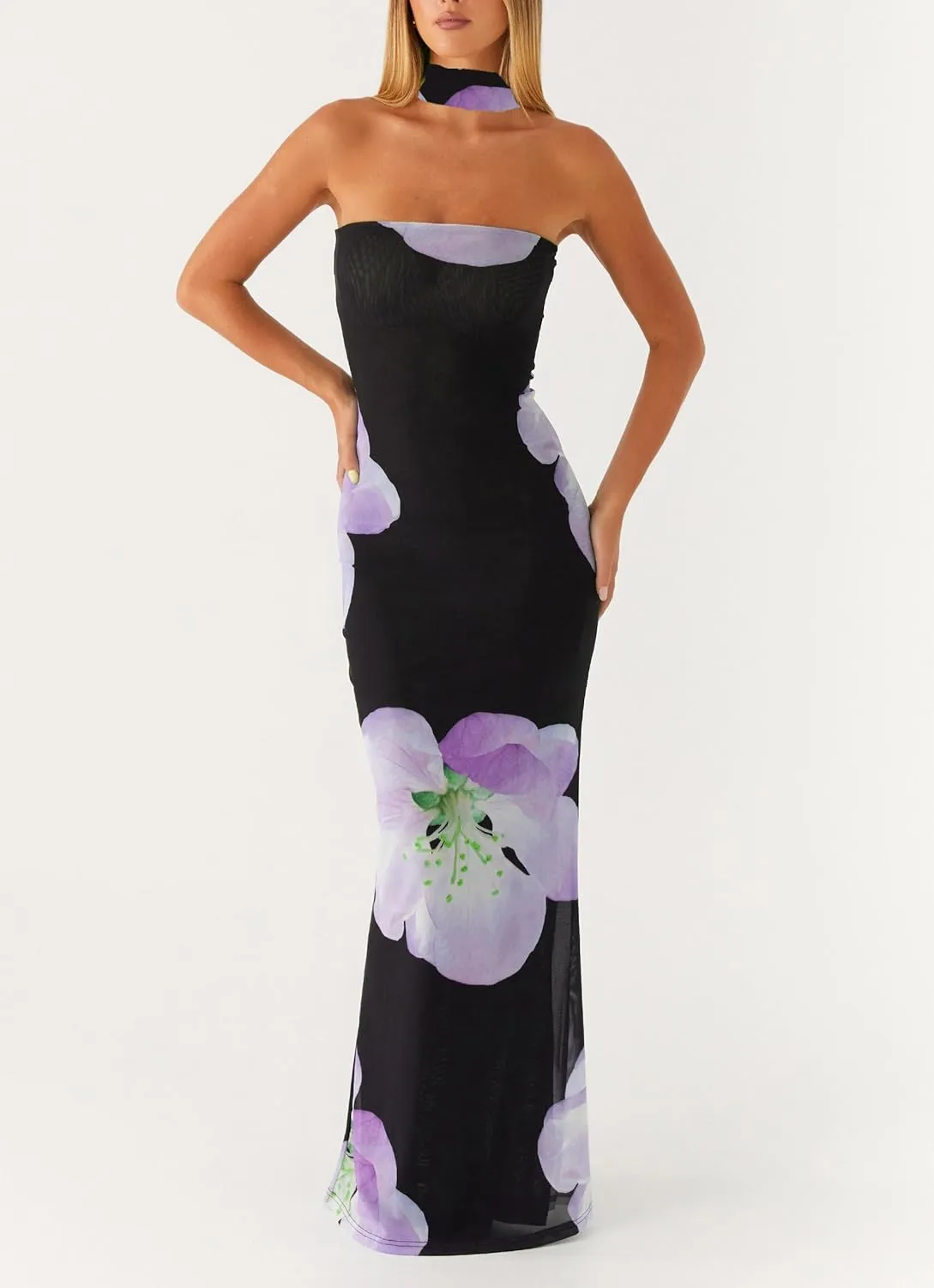 Women Y2k Strapless Floral Tube Maxi Dress with Neck Scarf Backless Mesh Bodycon Long Beach Cocktail Party Sundress