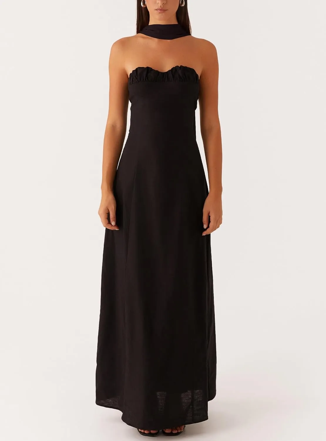 Women Y2k Strapless Floral Tube Maxi Dress with Neck Scarf Backless Mesh Bodycon Long Beach Cocktail Party Sundress