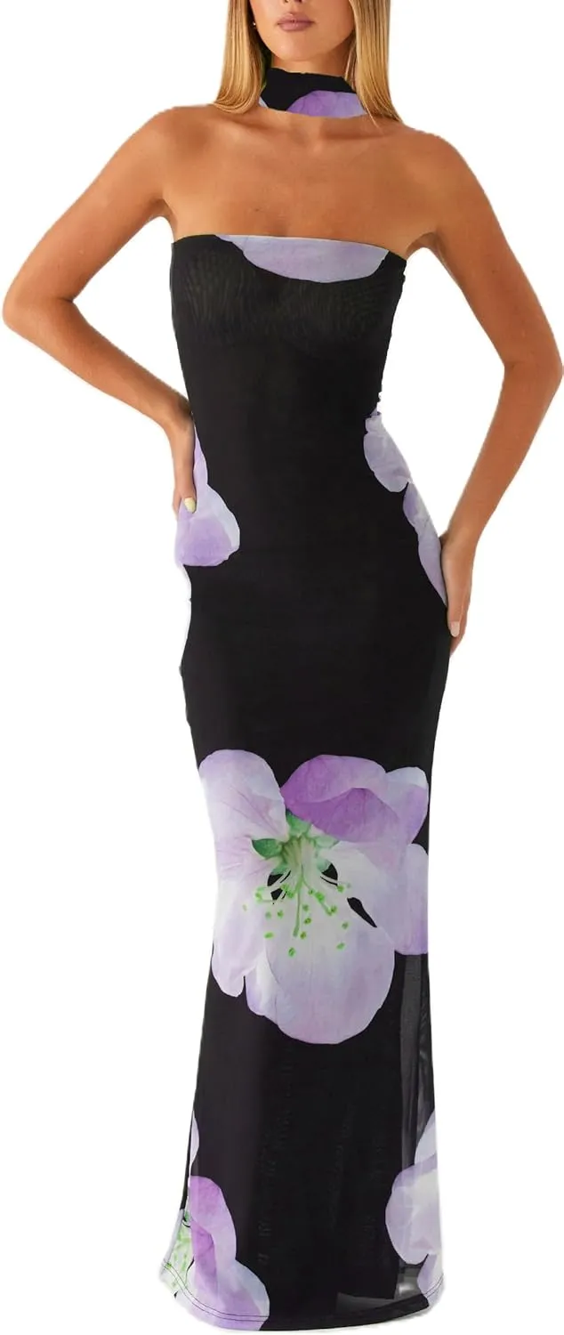 Women Y2k Strapless Floral Tube Maxi Dress with Neck Scarf Backless Mesh Bodycon Long Beach Cocktail Party Sundress